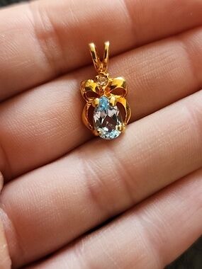 Gold Bow Pendant with Light Blue Gem - Women Jewelry